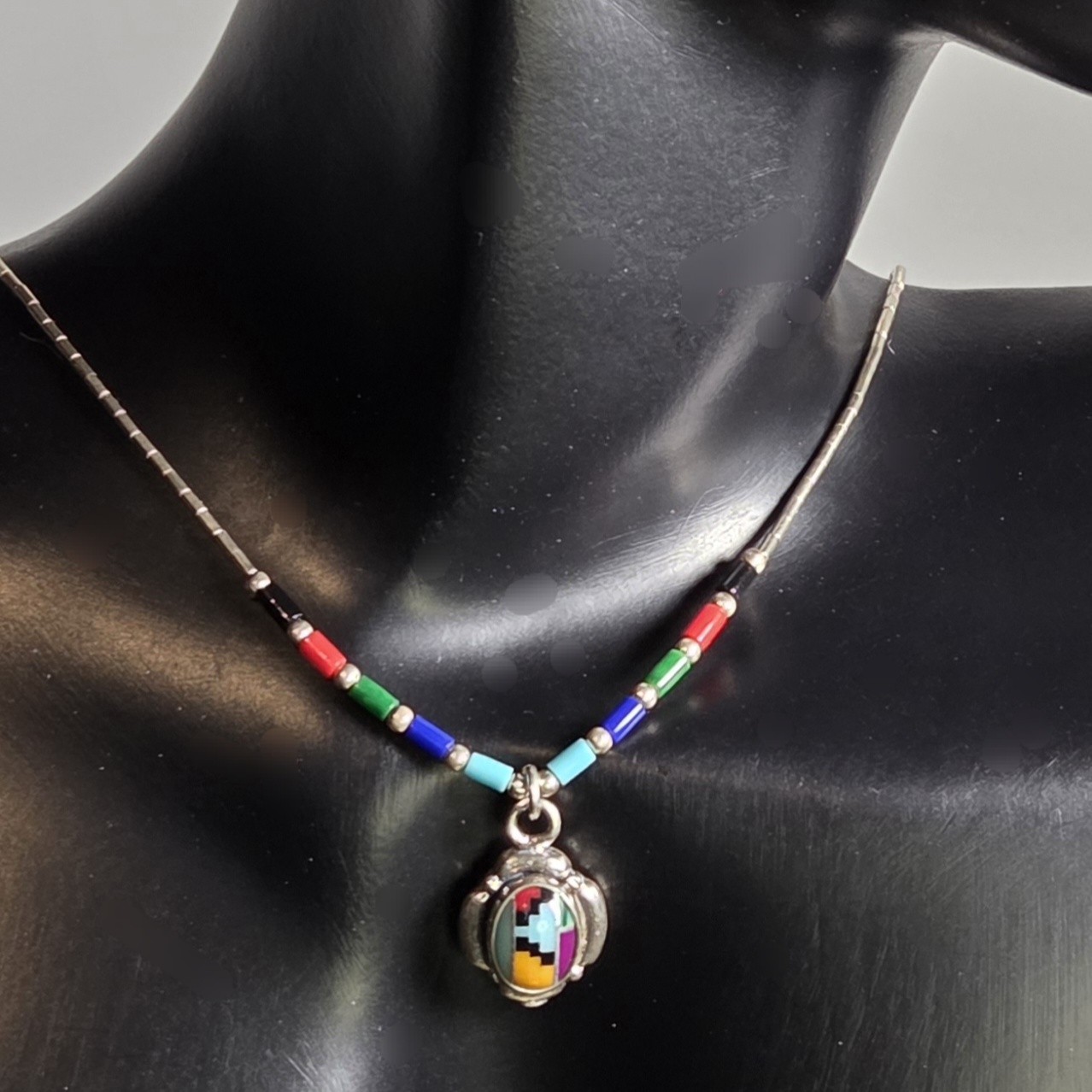 Navajo Handcrafted Oval Pendant 925 Sterling Silver Multicolor Inlay 16″ Chain