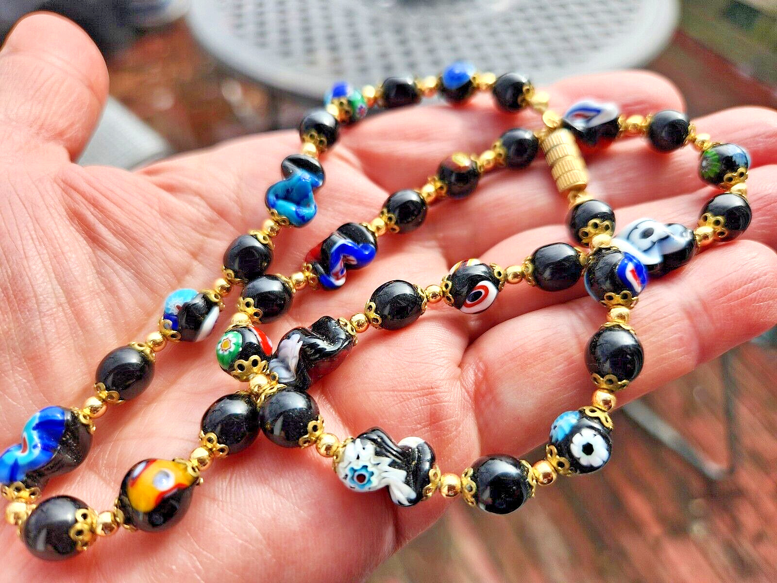 Vintage Venetian Glass Black Multicolor Beaded Gold tone Necklace 19″