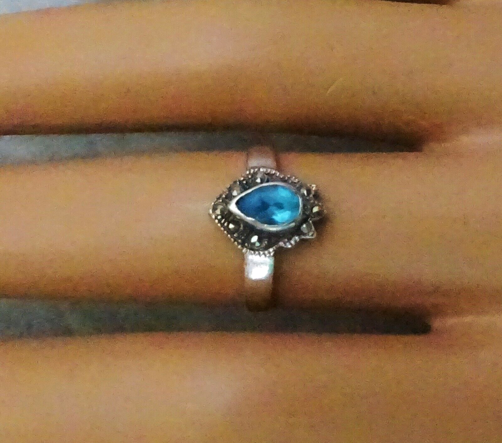 Vintage 925 Sterling Silver Marcasite Blue Topaz Ring Size 6.5 Signed CW
