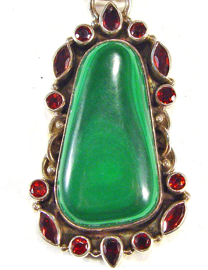 Sterling silver pendant, malachite with garnets, 2 3/8 inches long, 22.75 grams