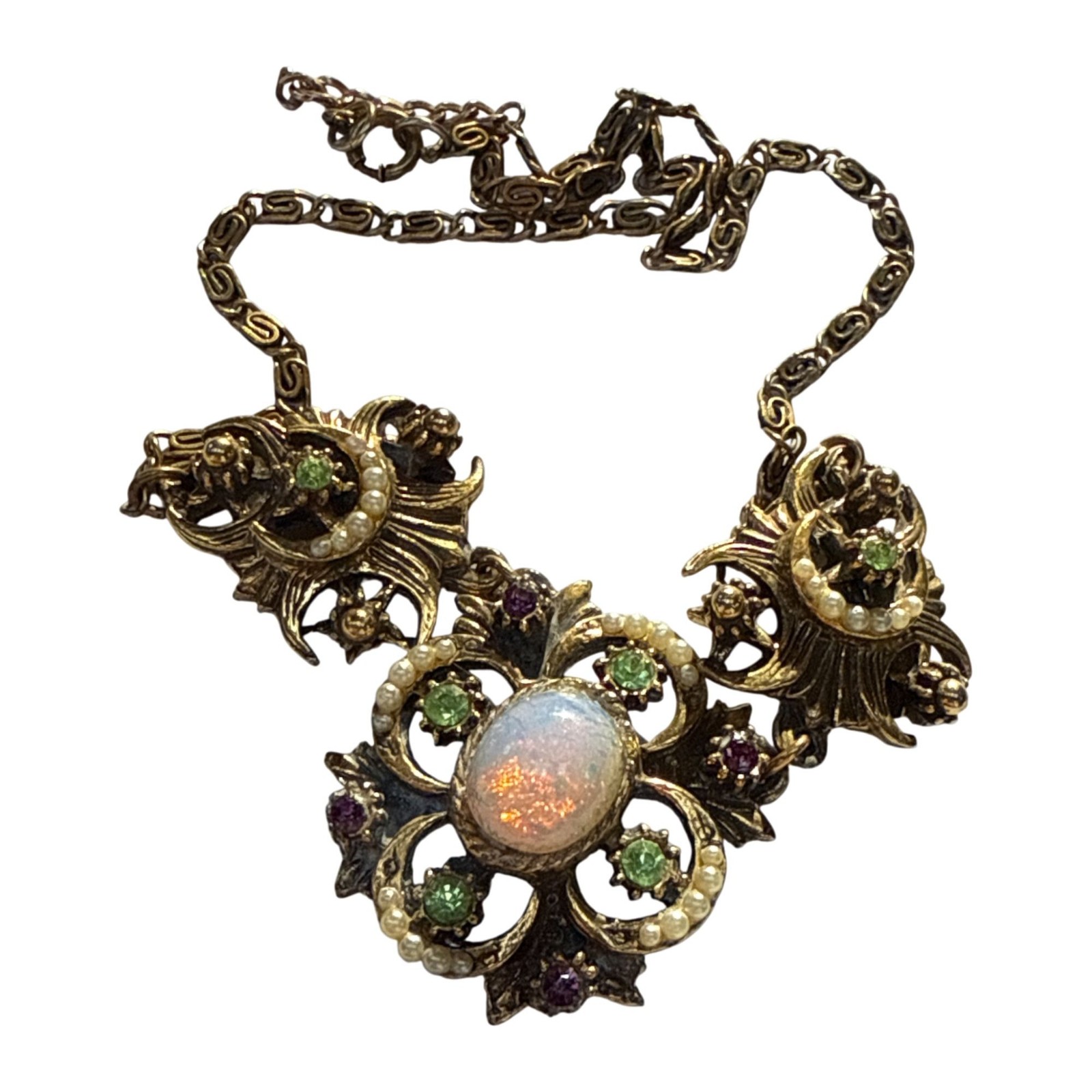 Victorian Revival Faux Fire Opal Pearl Necklace Antique Style Gold Tone Statemen
