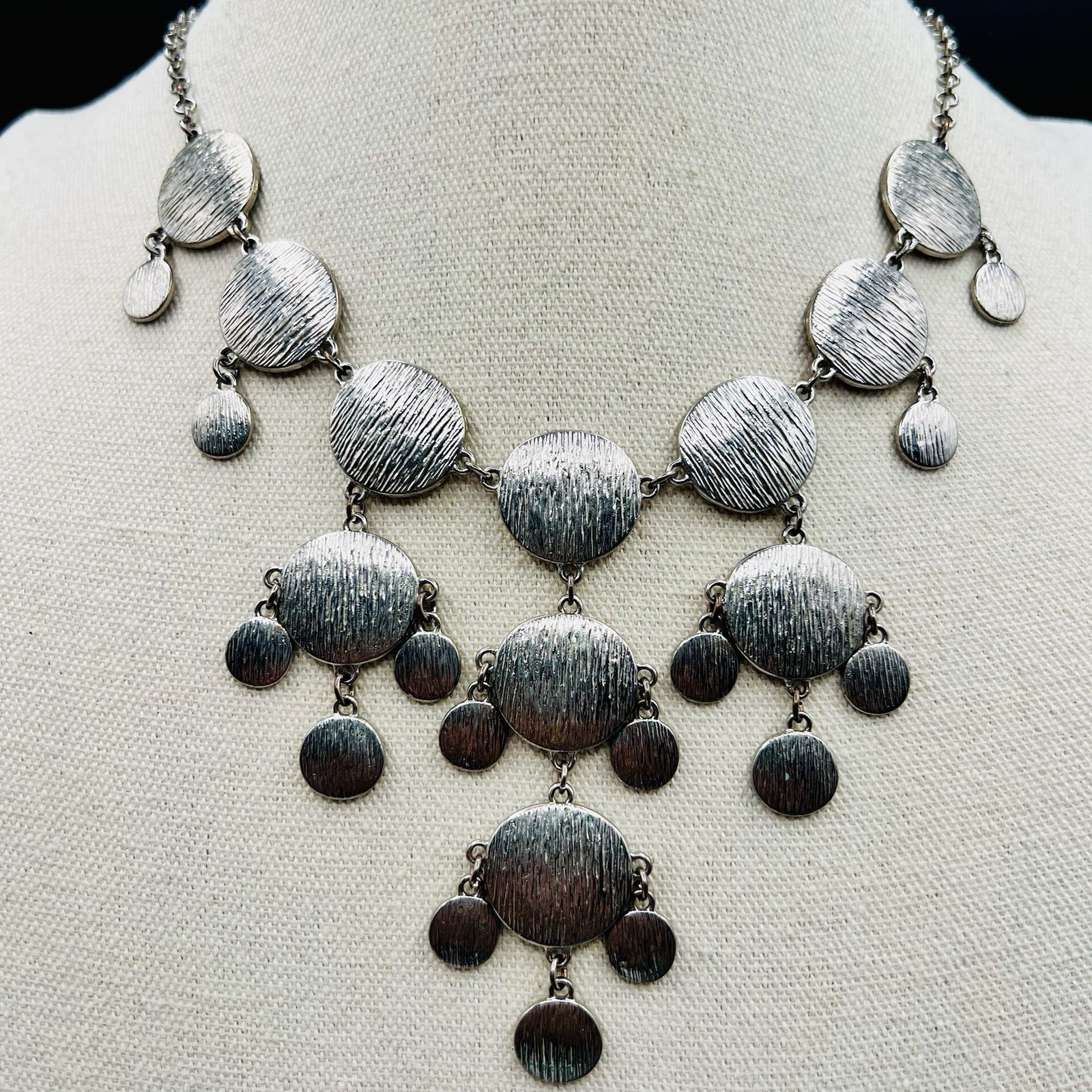 Vintage Brutalist Bib Necklace Silver Tone Disc Fringe Statement Adjustable