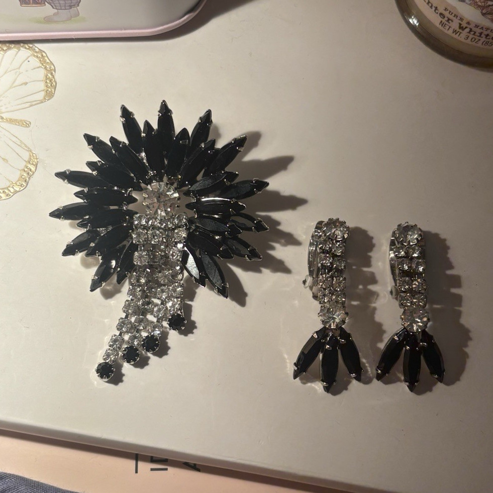 Vintage Black & Clear Marquise Rhinestone Brooch & Clip-On Earrings Set