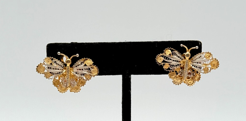 Antique 800 Silver Gold Wash Butterfly Filigree Link Bracelet & Clip On Earrings