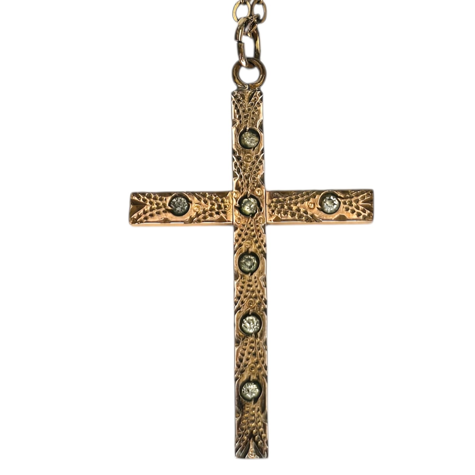 Antique Victorian Gold Filled GF Rhinestone Religious Cross Pendant Necklace
