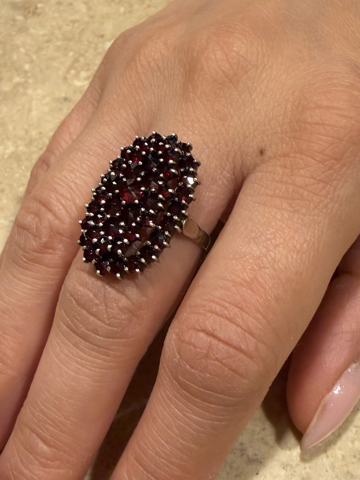 Czech Antique Edwardian 900 Silver Bohemian Garnet Tiered Cluster Ring Sz7.25
