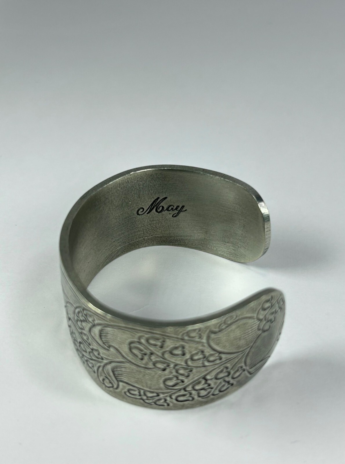 SALISBURY Pewter Cuff Bracelet MAY Birth Flower Lily of the Valley Engraved VTG