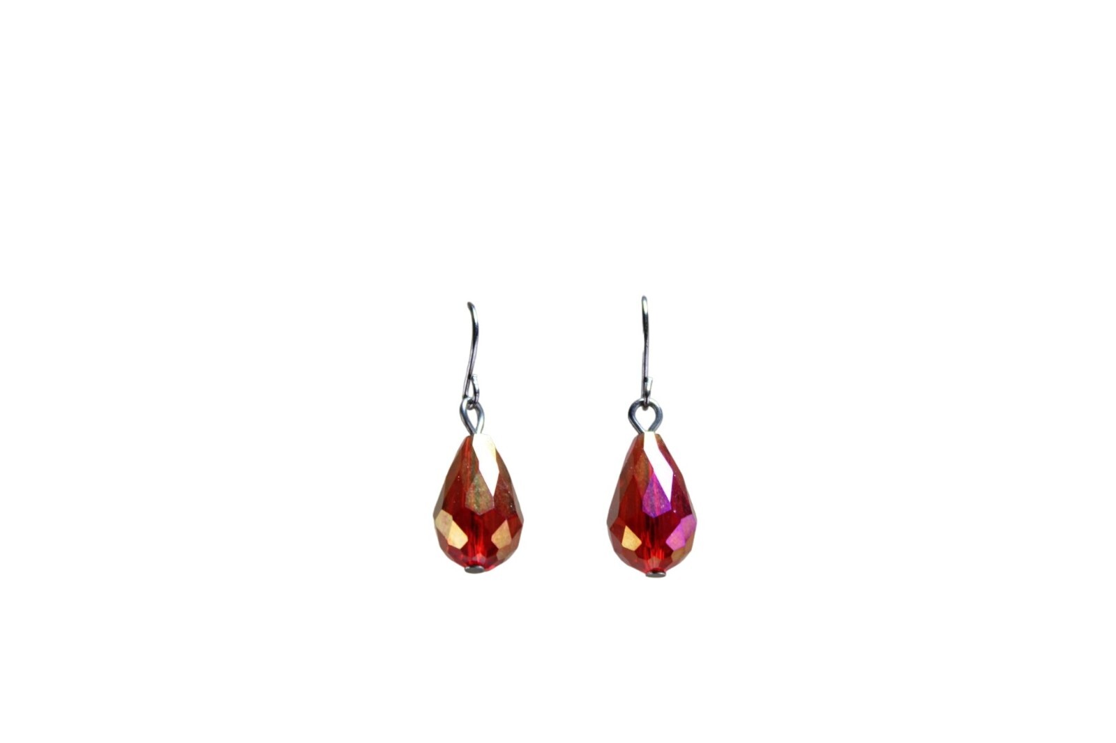 Red Aurora Borealis Pierced Drop Dangle Earrings Iridescent Vintage 92084