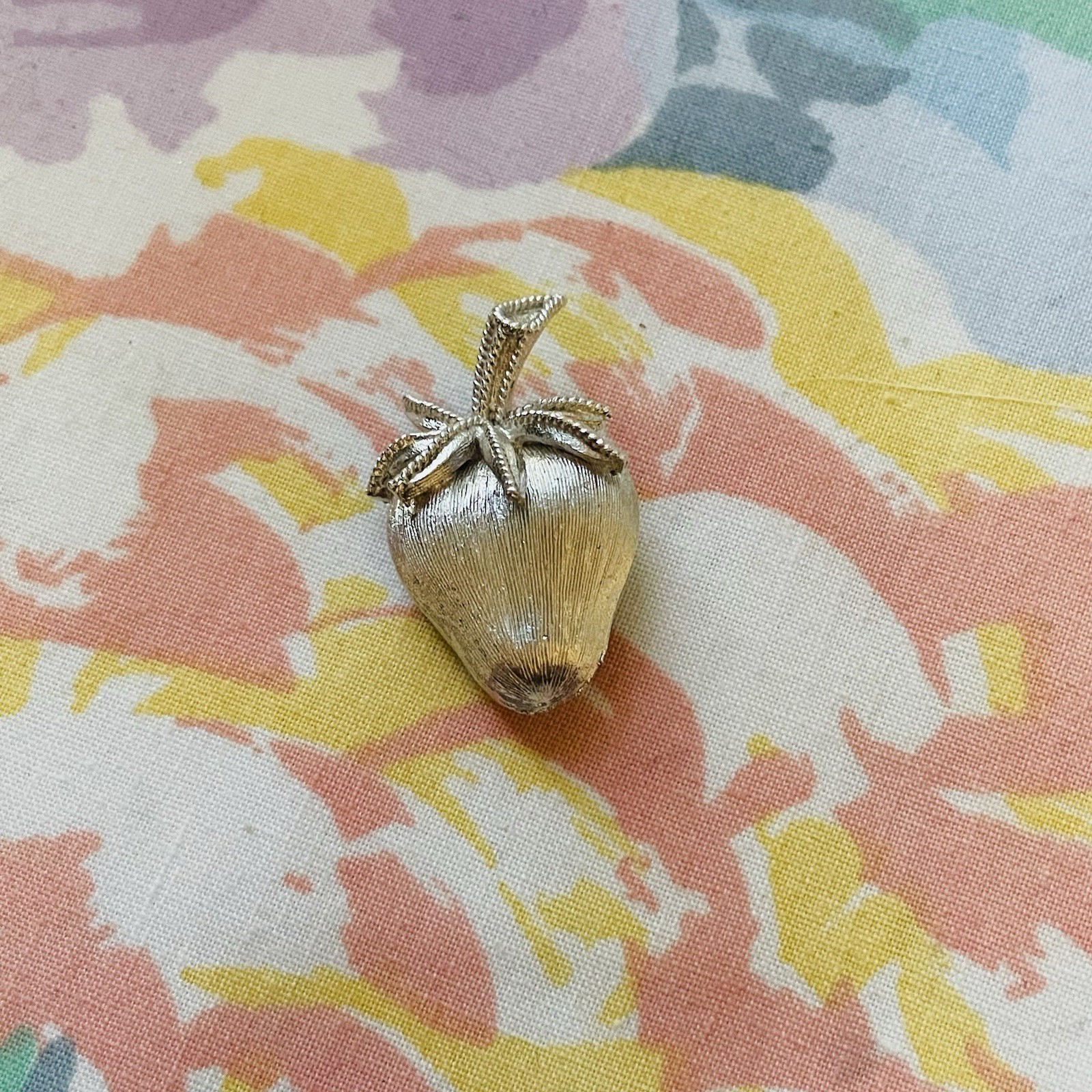 Vintage Trifari Strawberry Fruit Brooch Brushed Silver Tone Signed Pin