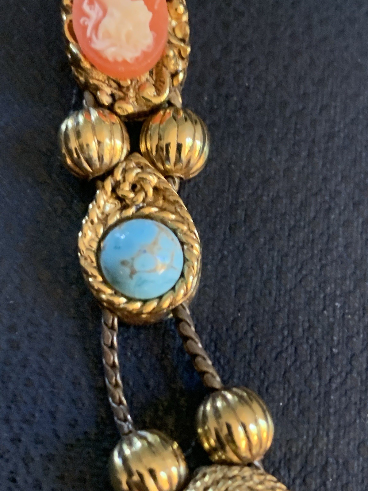 Vintage Victorian charm slide bracelet Gold Tone Faux Gemstones Free Ship