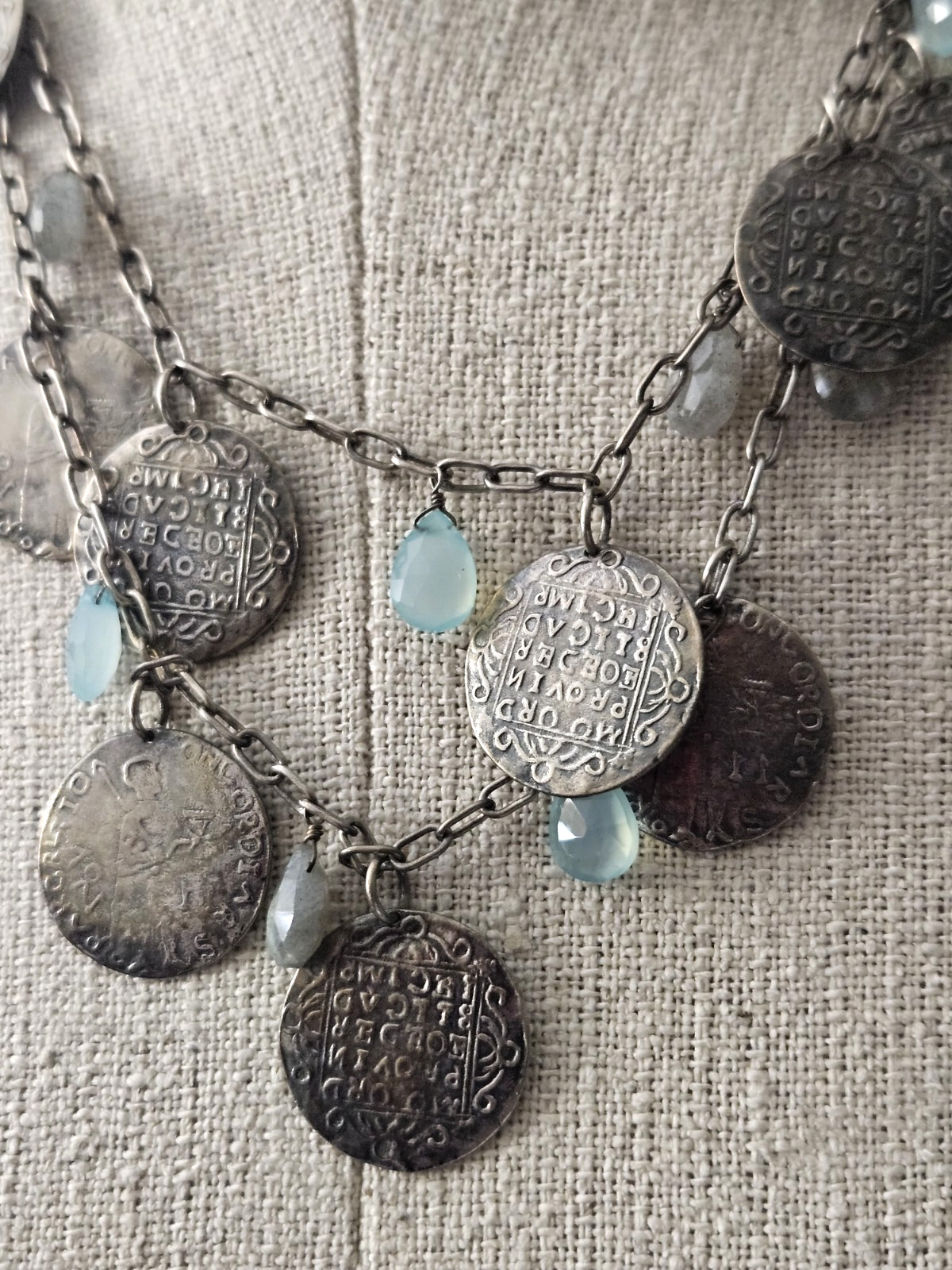 Vintage Stella & Dot Riviera Chalcedony / Labradorite Multi Strand Coin Necklace