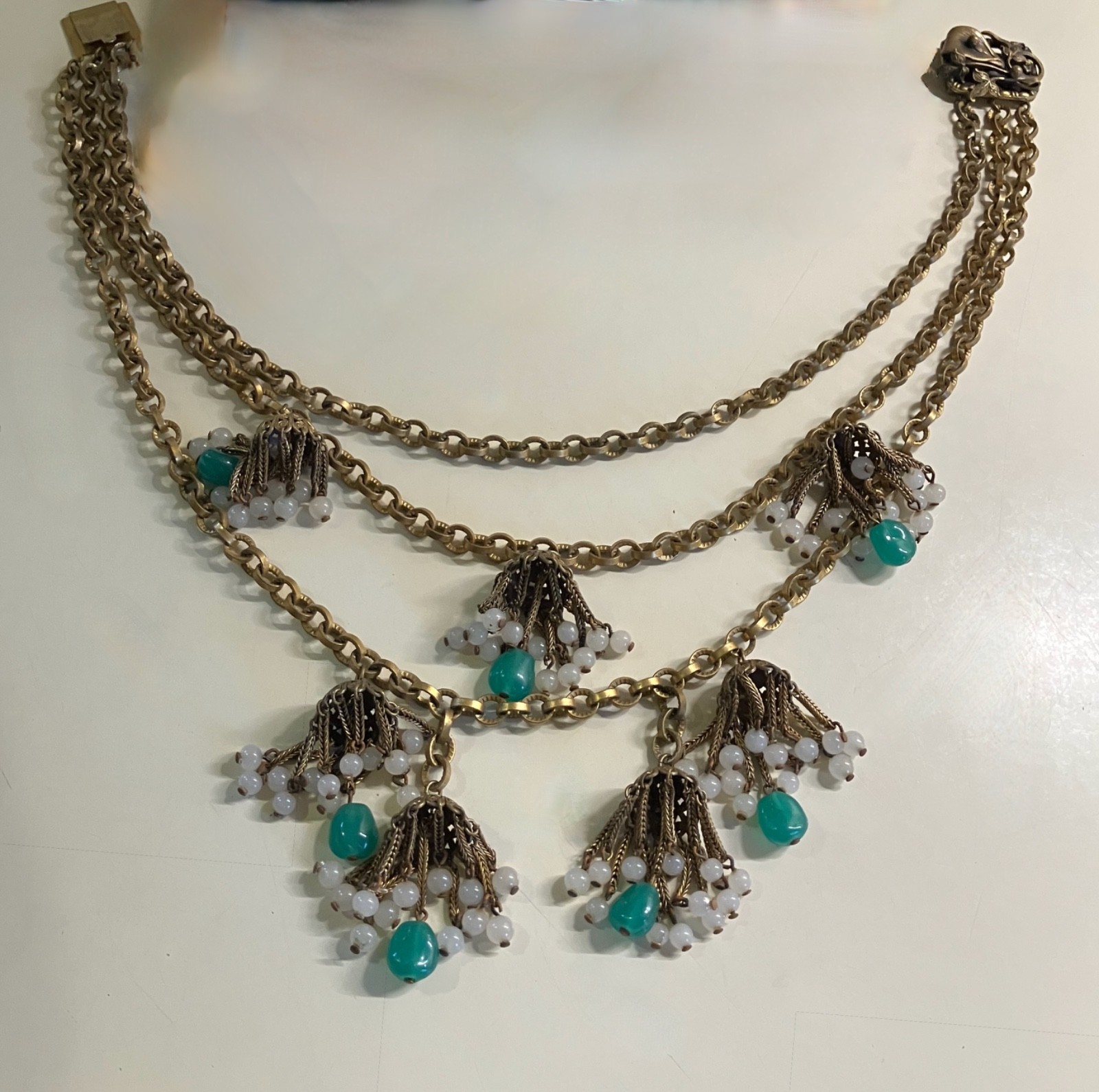 RARE EARLY MIRIAM HASKELL MULTI STRAND FESTOON NECKLACE GRIPOIX JADE GLASS DROPS