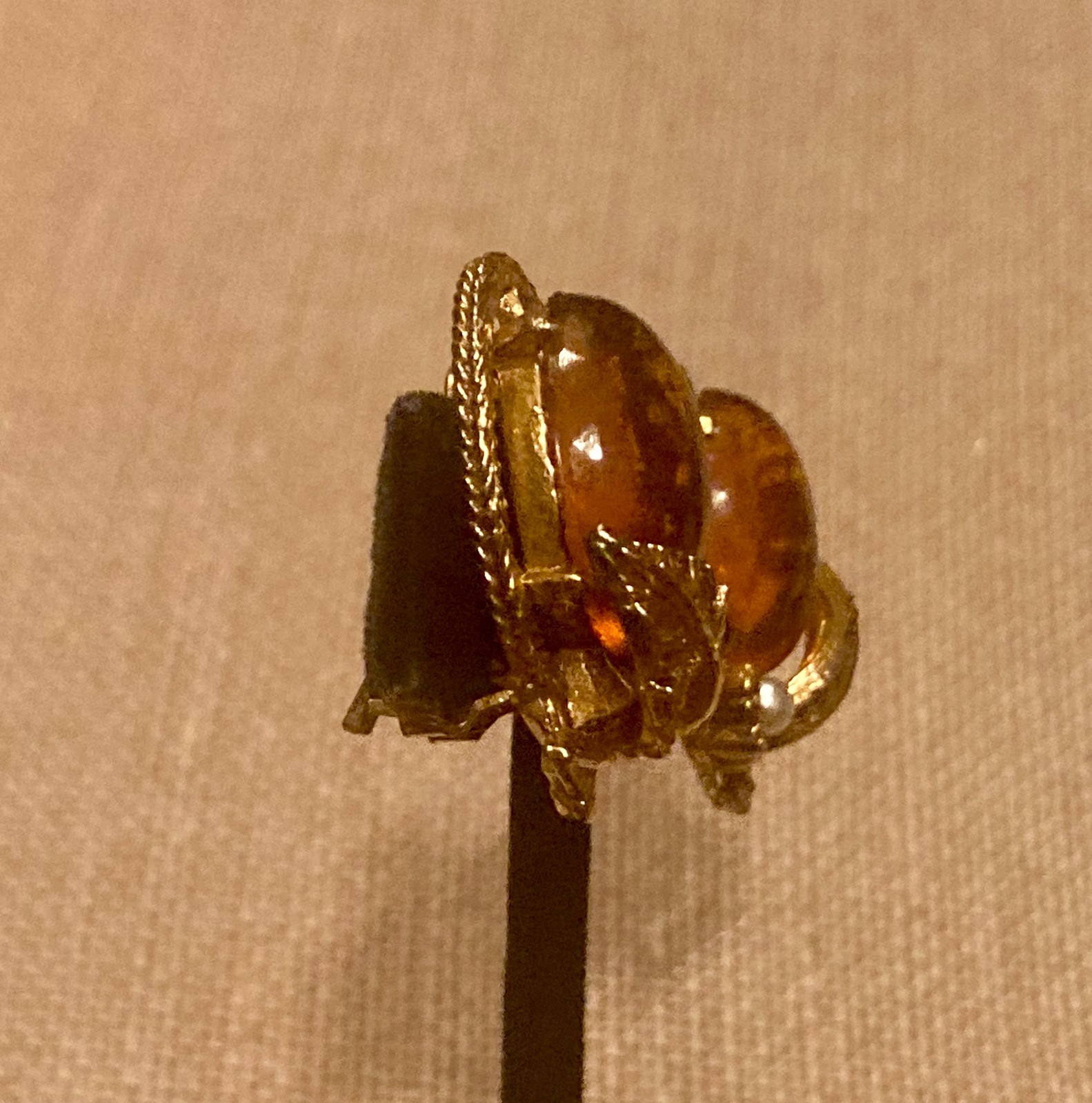 Vintage Faux Amber Glass Cabochon Earrings Gold Tone Leaf Faux Pearl Accent Clip