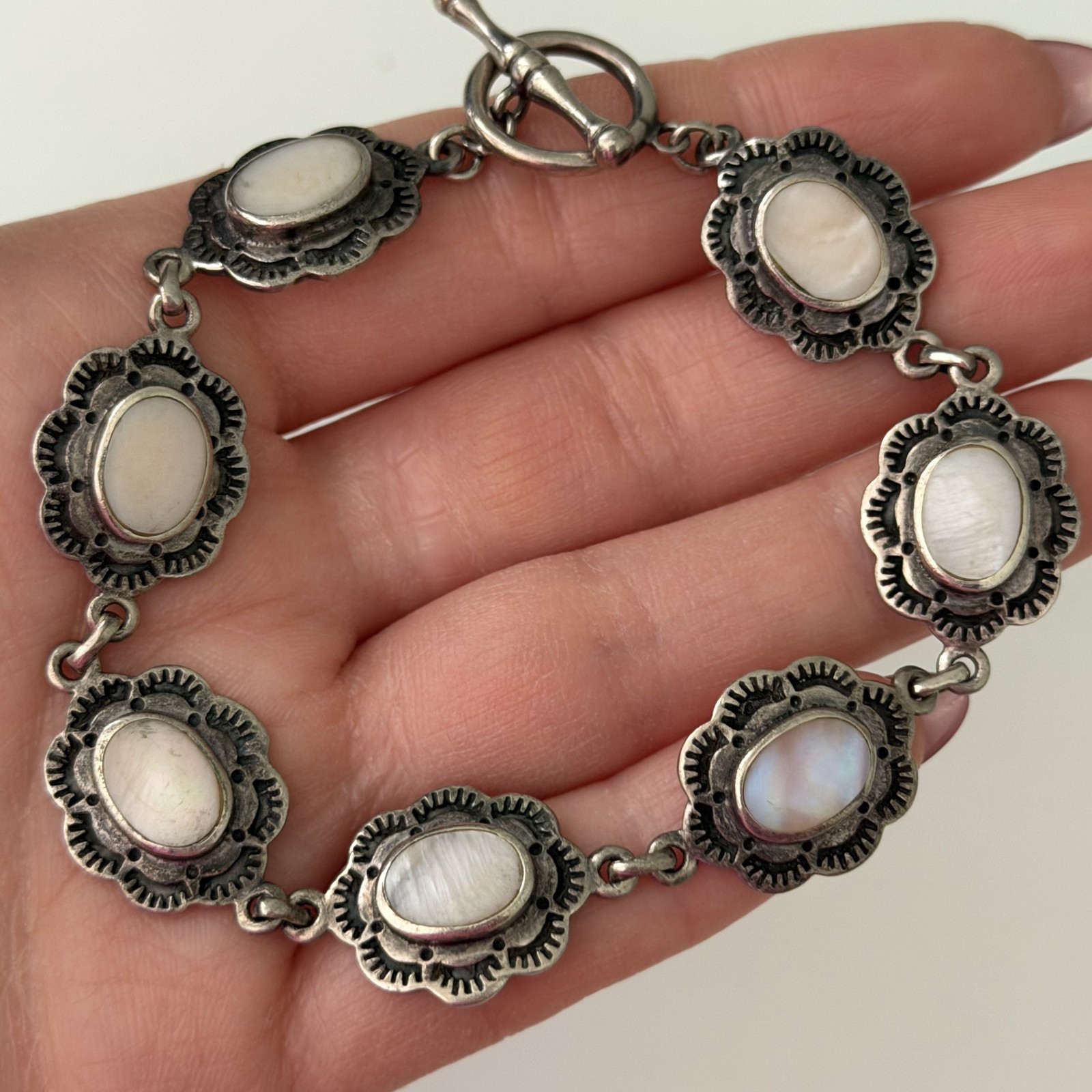 Vintage 925 Sterling Silver Mother Of Pearl Southwestern Flower Bracelet 7″