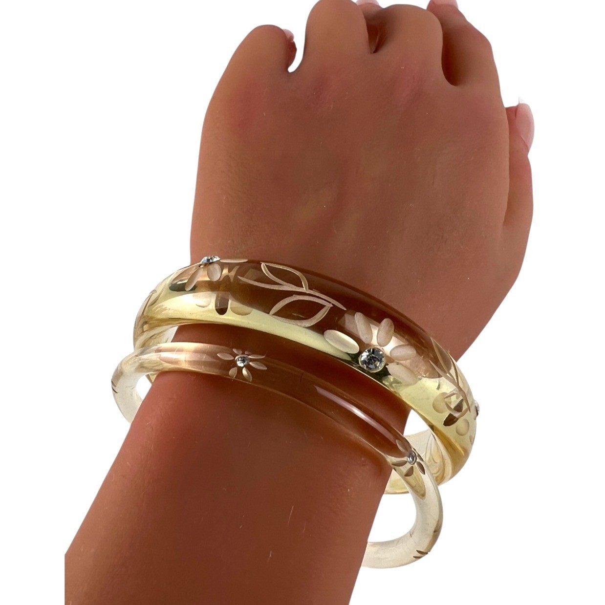 Vintage Lucite Bangle Set Carved Daisy Rhinestone Bracelets Clear Retro