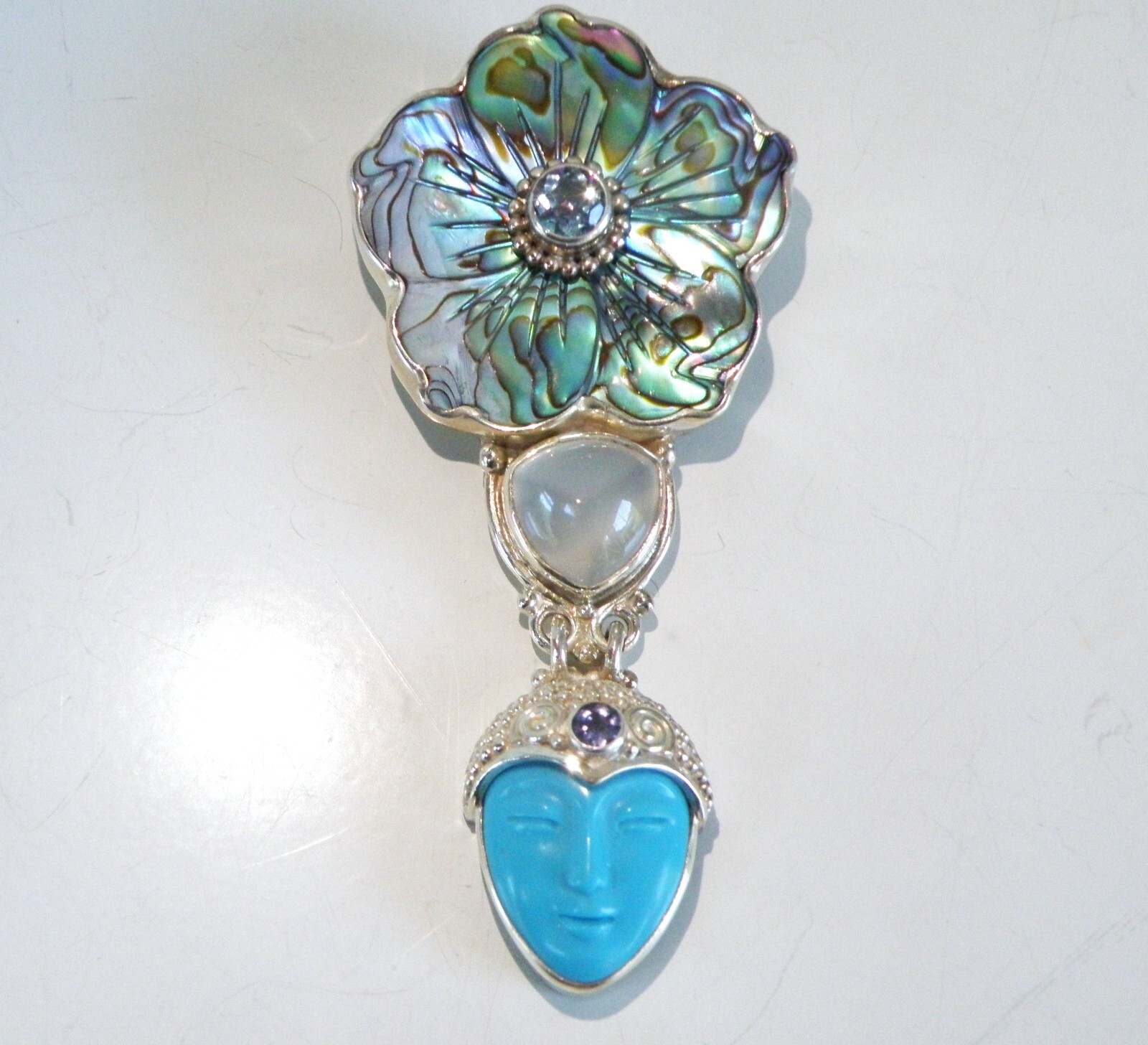 Sajen Sterling Silver 925 Large Carved Turquoise Goddess Brooch Pin Pendant