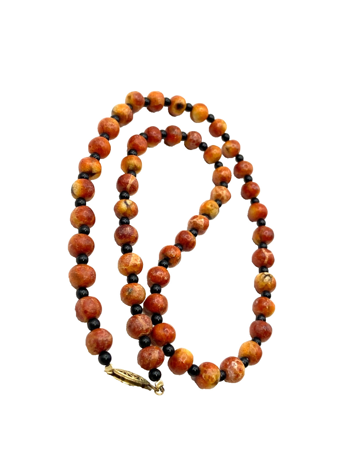 Vintage Apple Sponge Coral Red/Orange Beaded Necklace Black Agate? Gold Tone 24″