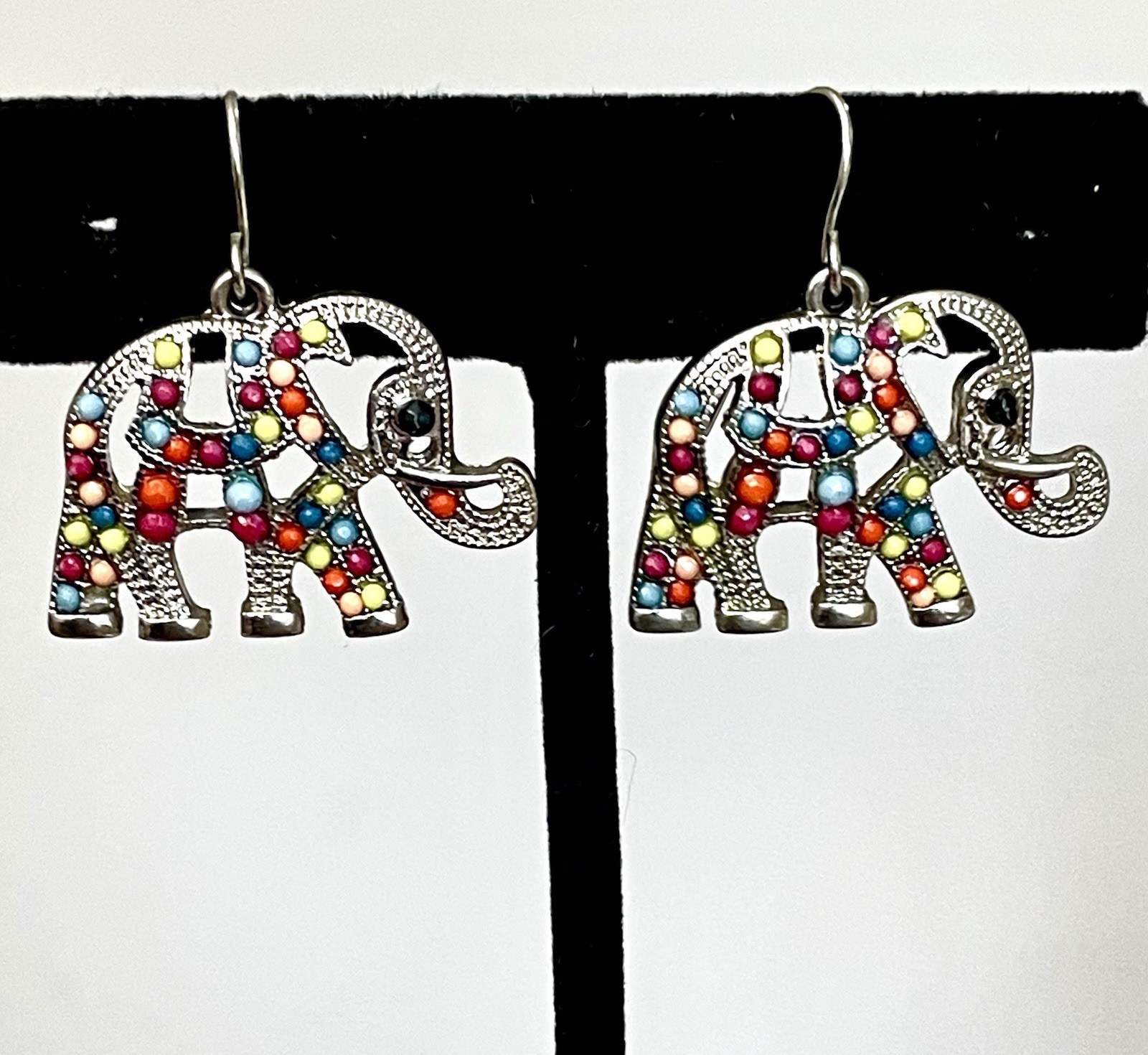 Vintage Elephant Dangle Earrings Silver Tone Multicolor Beaded Boho Hippy Global