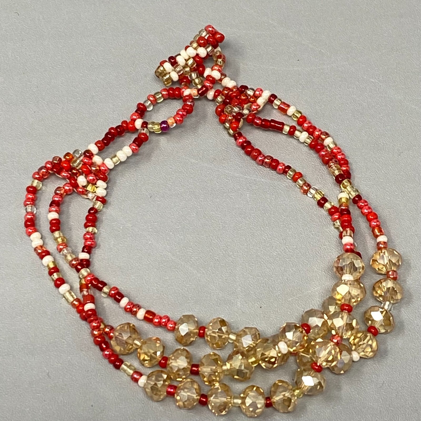 Artisan Seed Bead Bracelet Multi Strand Red Cream Faceted Button Hook Clasp 7.25