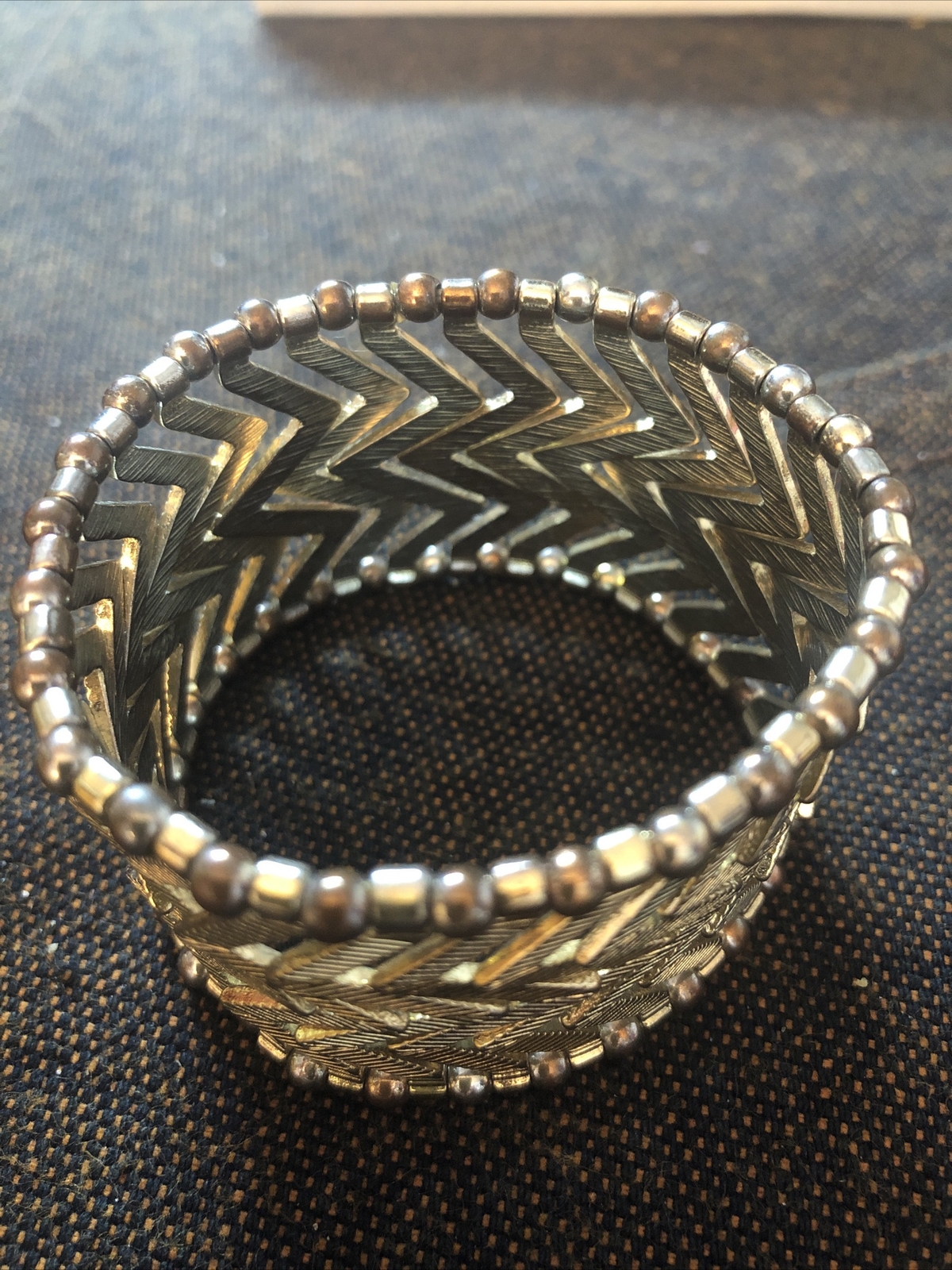 Vintage Rose Gold Tone Metal Zig Zag Stretch Bracelet Heavy 44g