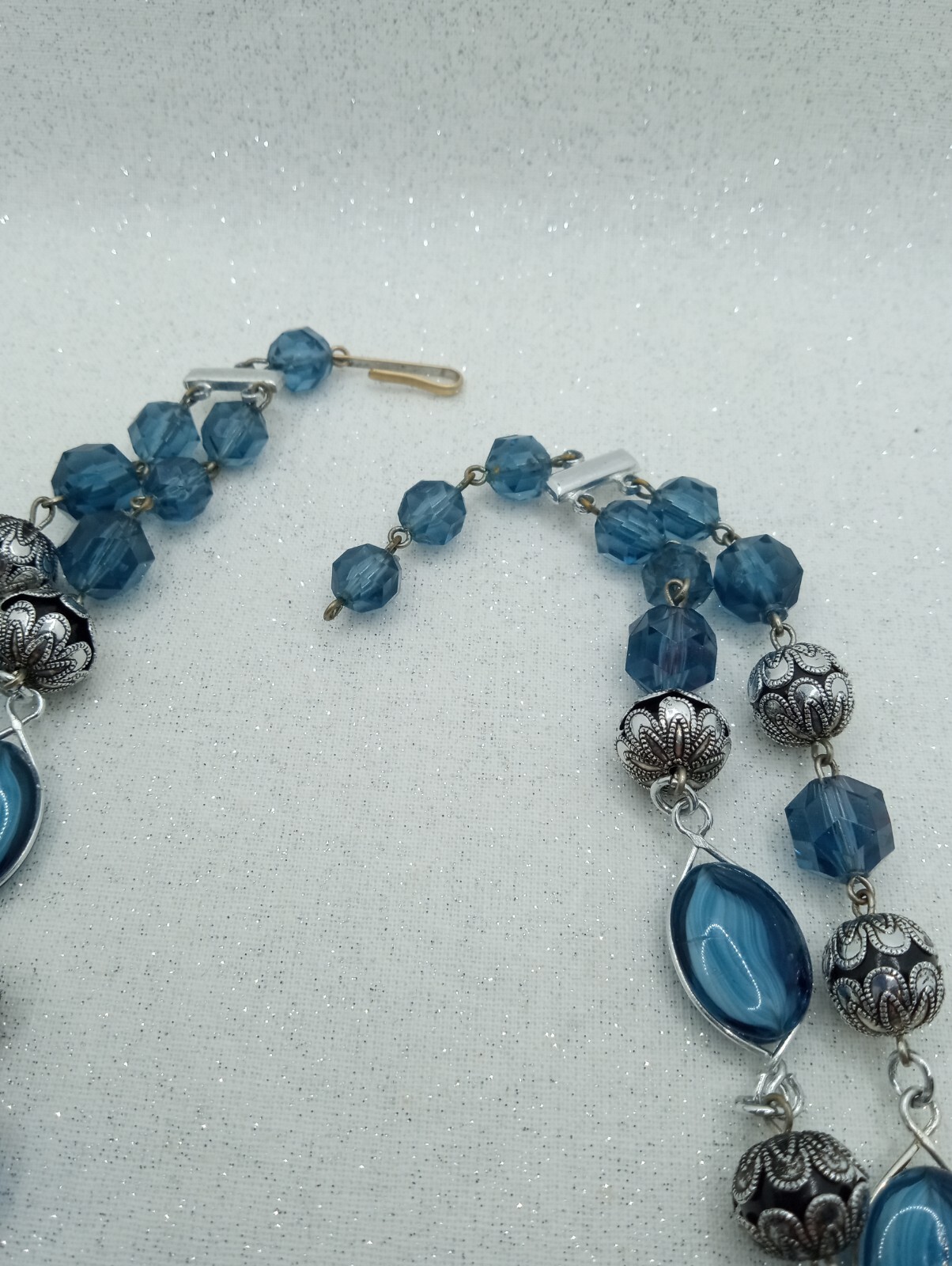 VTG West Germany Blue Necklace Double Strand Swirl Glass Silver Tone 17 -18″