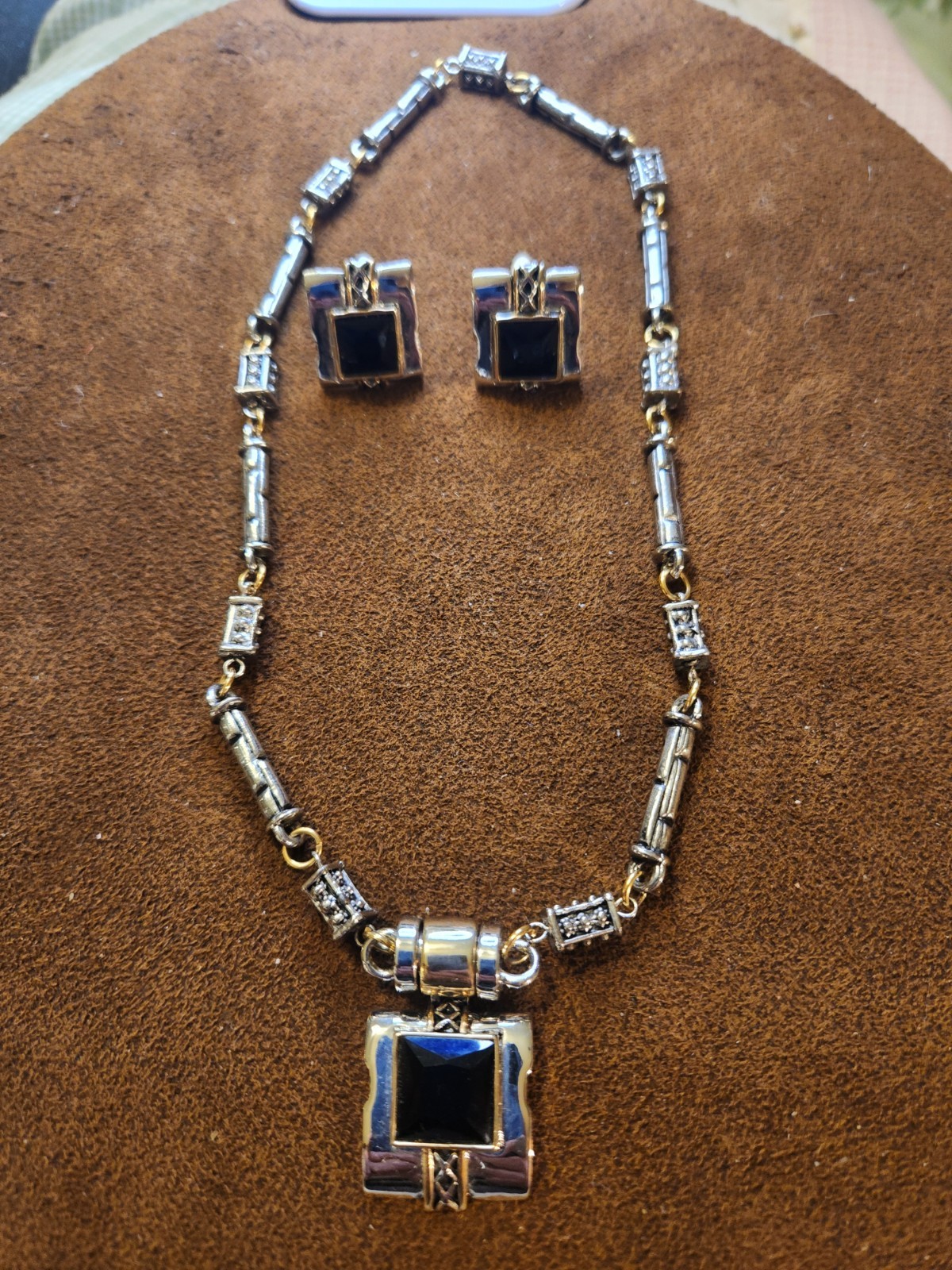 Vintage Statement Earrings And Necklace Set Silver Tone With Black Center