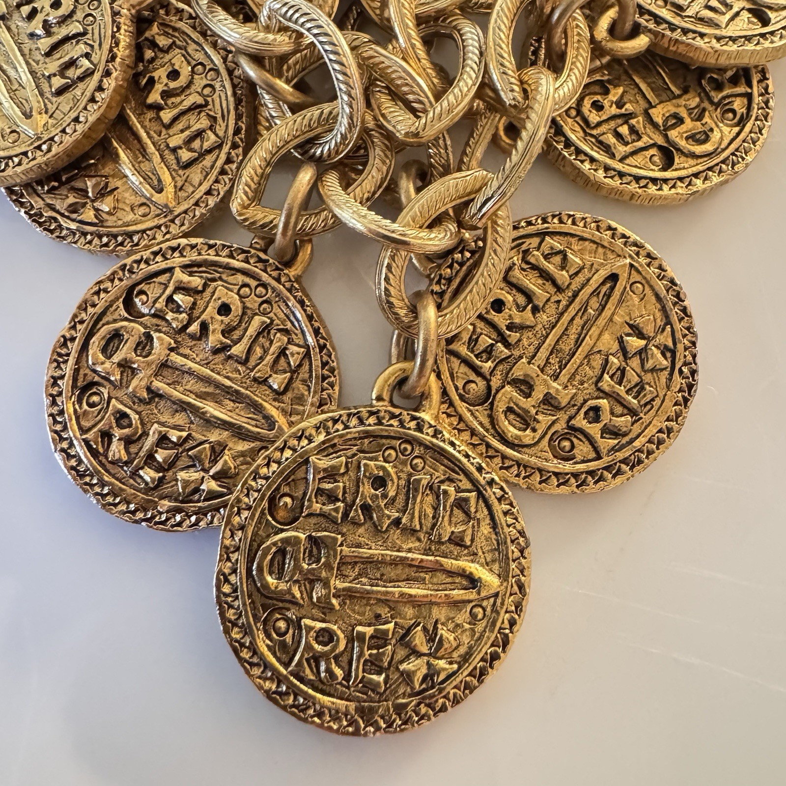 Vintage Stewart Lucas Coin Charm Bracelet, 80s 90s, Etruscan, Byzantine, Signed!