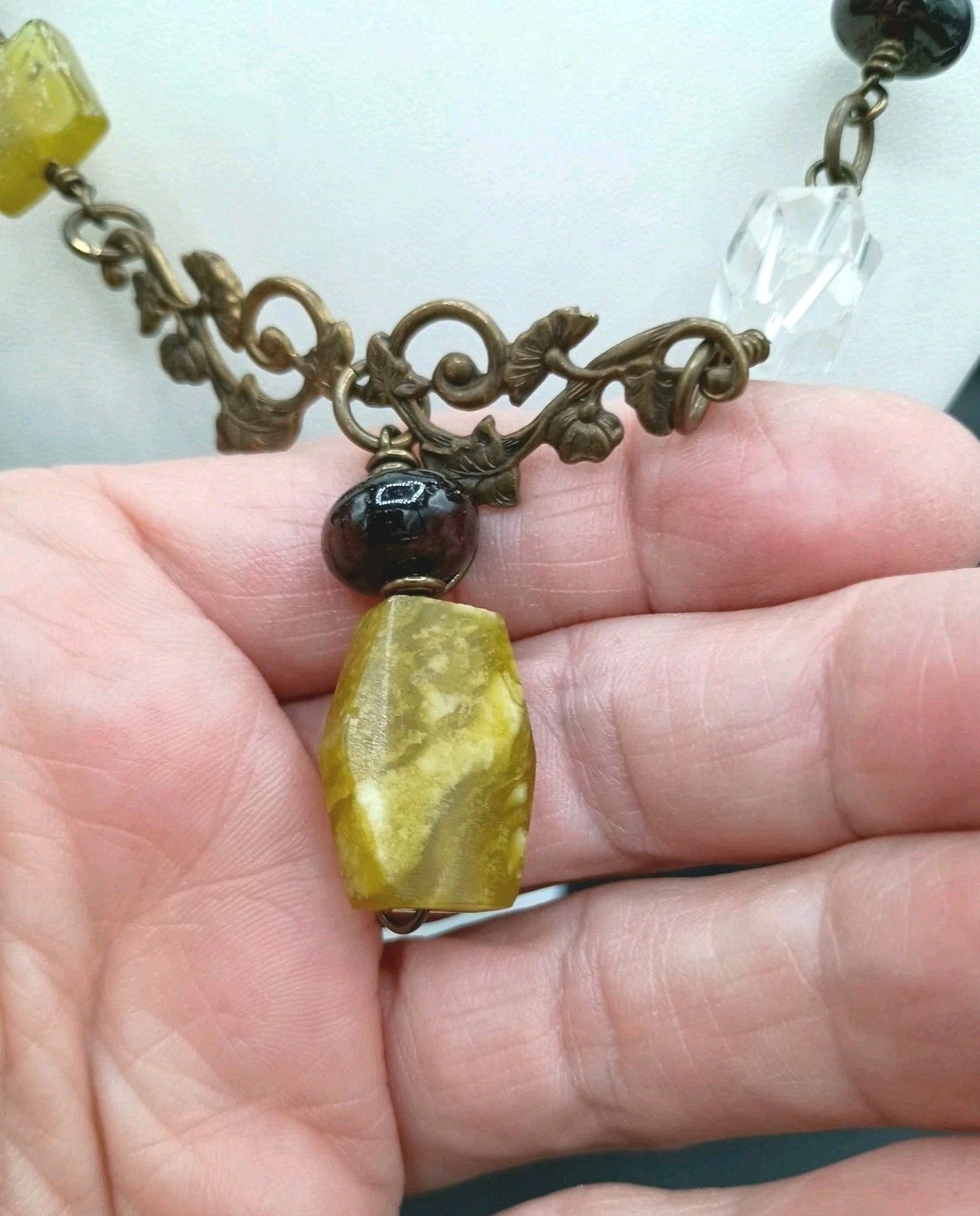 Gem Stone Necklace Copper Wire Wrap Fat Quartz Yellow Rock Floral Artisan