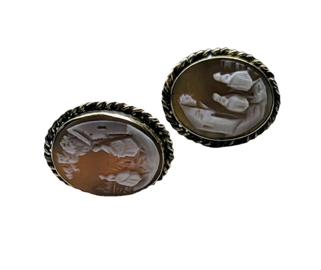 VTG GF Cameo Earrings Rebecca at the Well Rare Hand Carved 12k .75″ Each