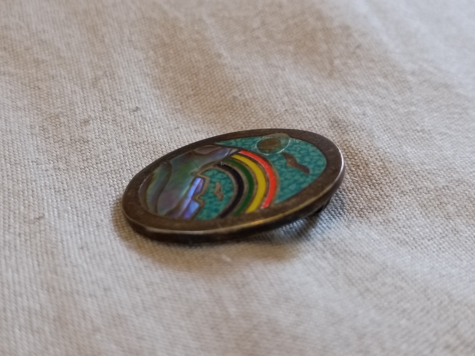 Vintage Abalone, Turquoise Chip Inlay, and Enamel Rainbow Pendant.