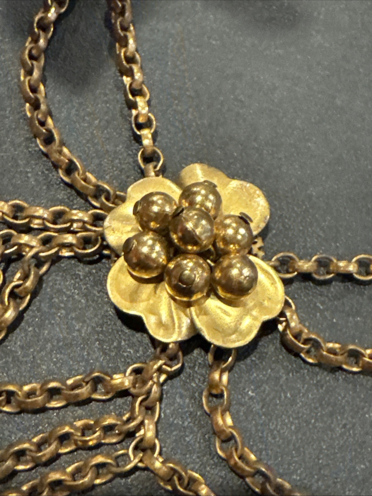 ANTIQUE VINTAGE FESTOON NECKLACE GOLDWASH BRASS FILIGREE ROSETTES DANGLES