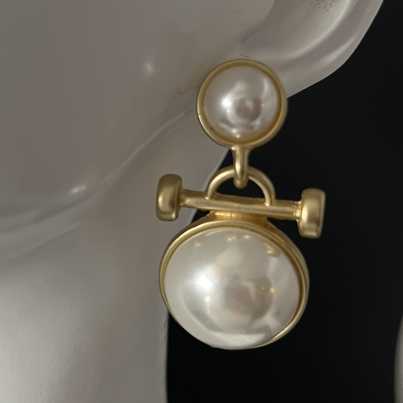 Byzantine Faux Pearl Cabochon Earrings Green Gold Tone Pierced Etruscan Revival