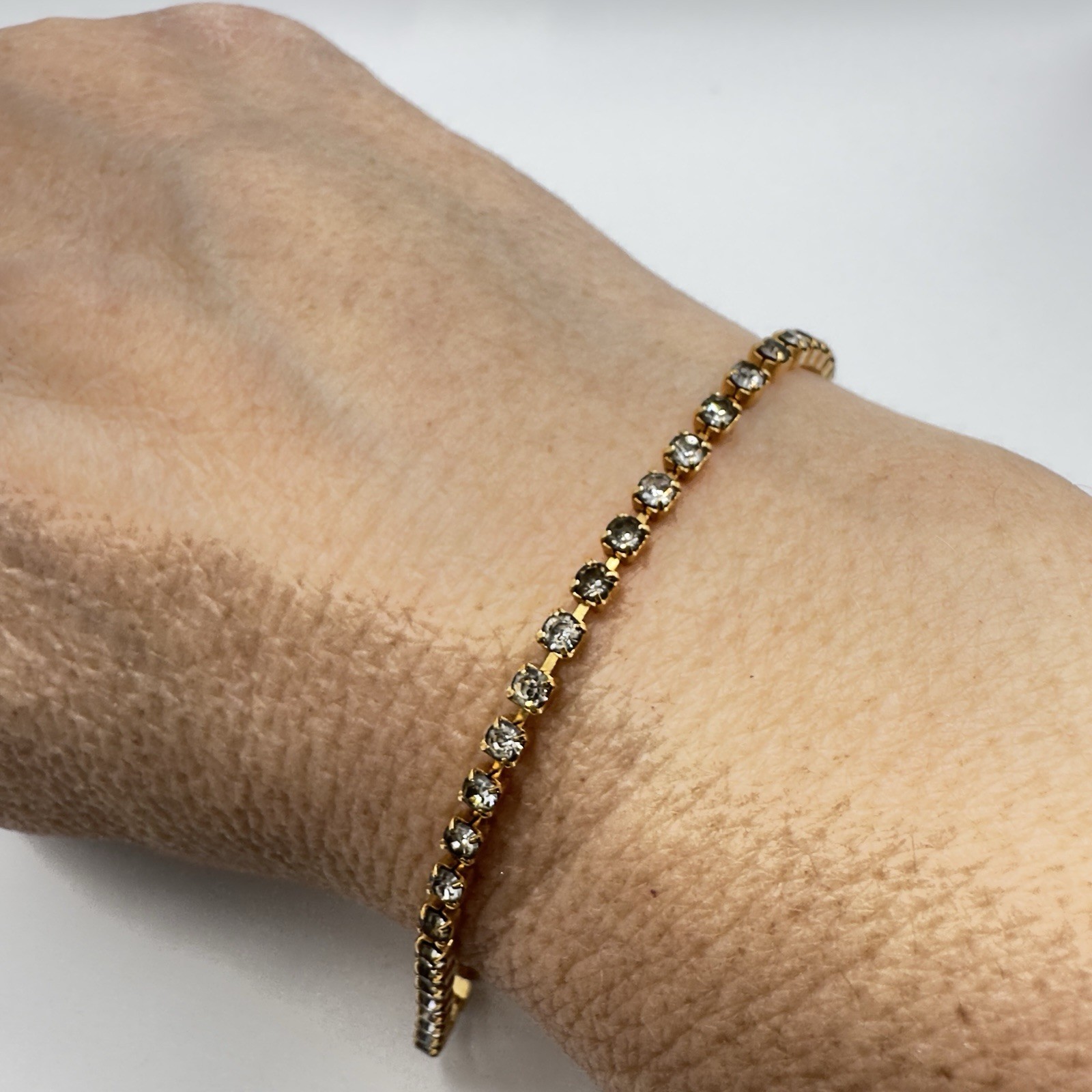 Vintage Swarovski Crystal Tennis Bracelet by Savvy With Box Dainty Gold Tone 7