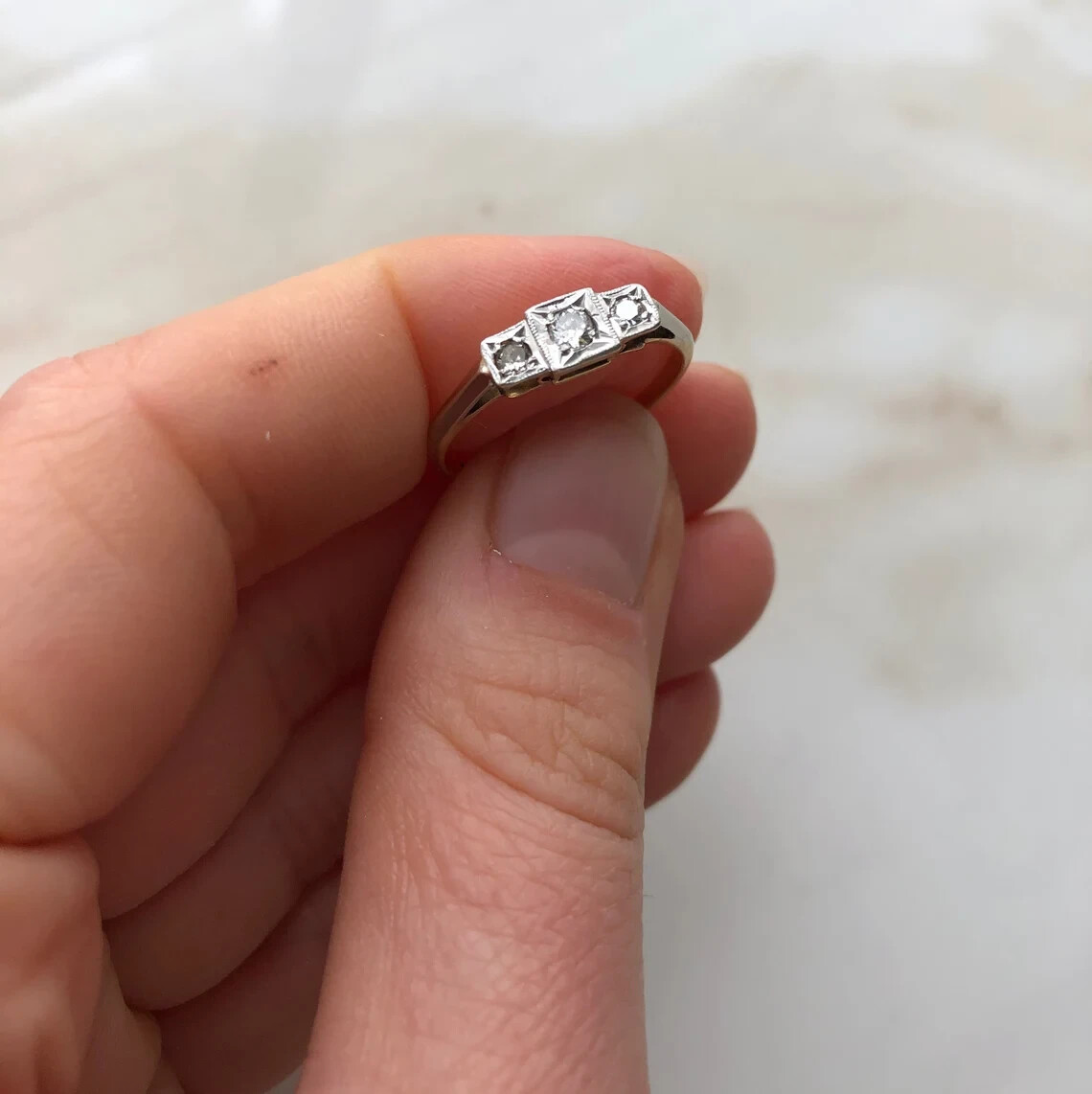 Art Deco Style Lab-Created Diamond 3 Stone Engagement Yellow Gold Finish Ring