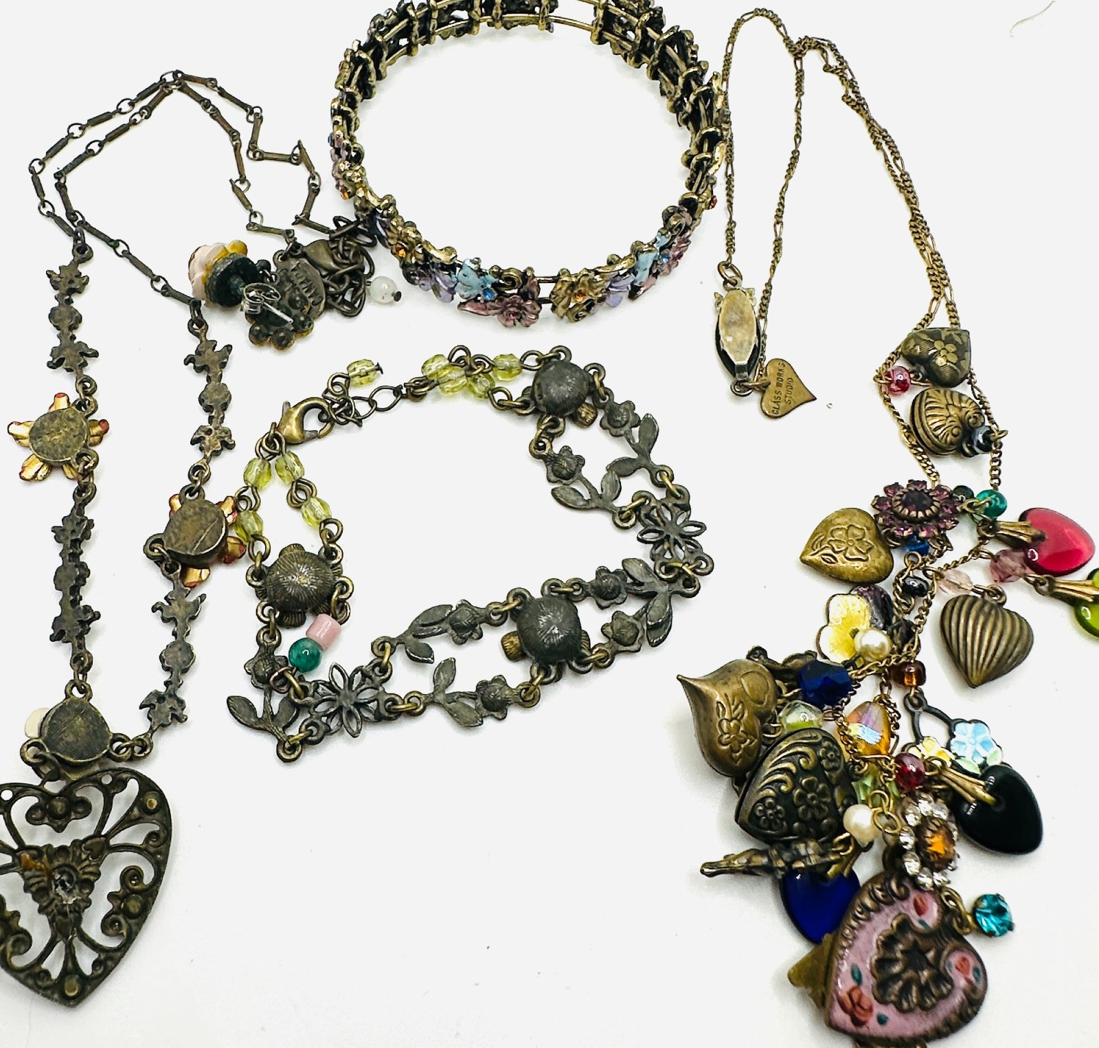Lot Superb Vtg Glass Works Studio Heart Necklace + Belladonna + Avon Bracelet +
