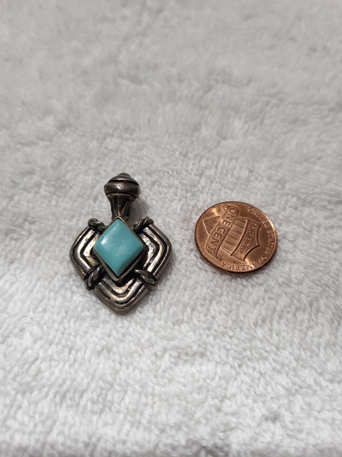Vtg MEX 925 Sterling Silver Rare Design Twisted Rope Diamond turquoise Pendant