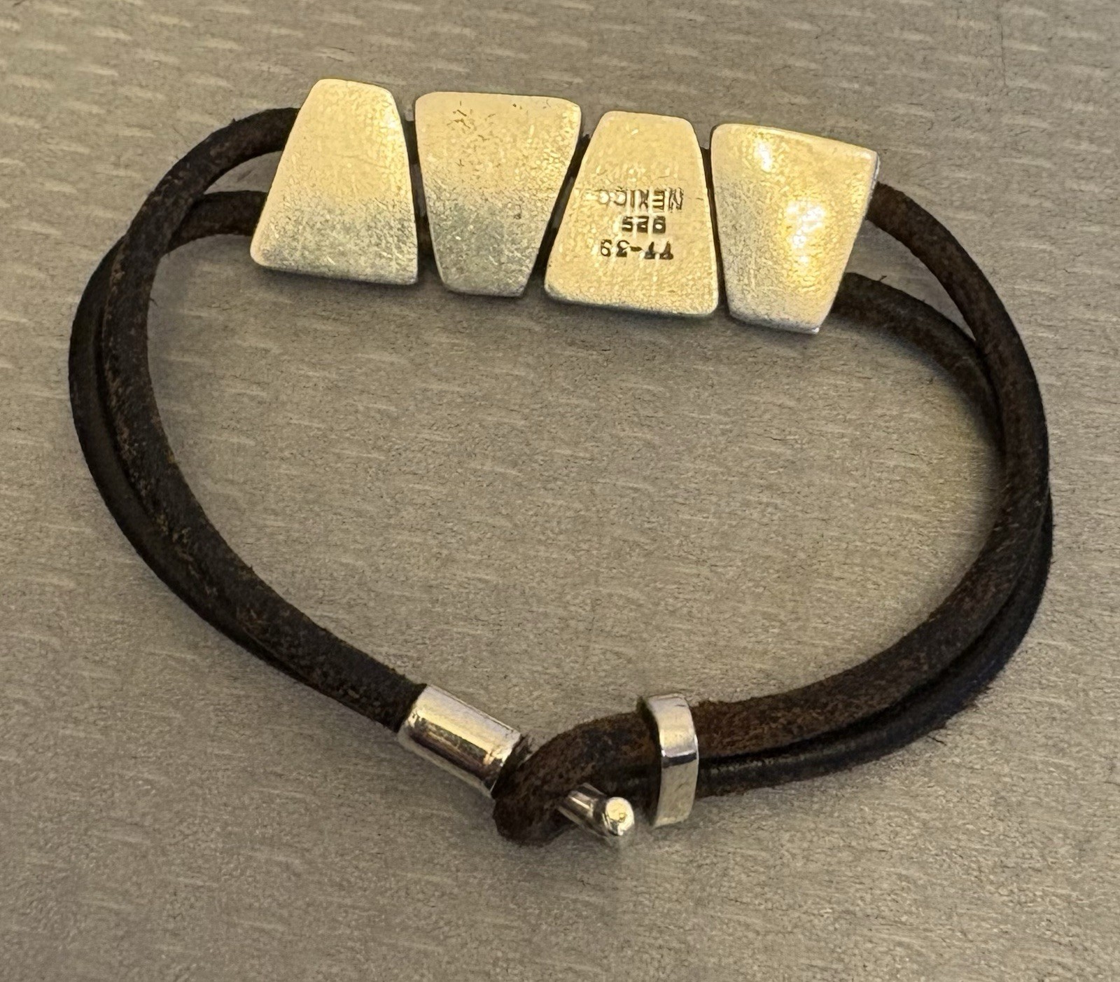 925 Taxco Mexico Modernist Sterling Silver Chunk Bracelet Leather Cord Toggle