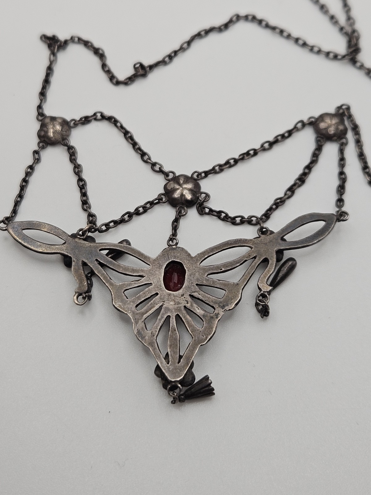 Vintage Victorian Revival Festoon Sterling Red Garnet Flower Necklace As Is