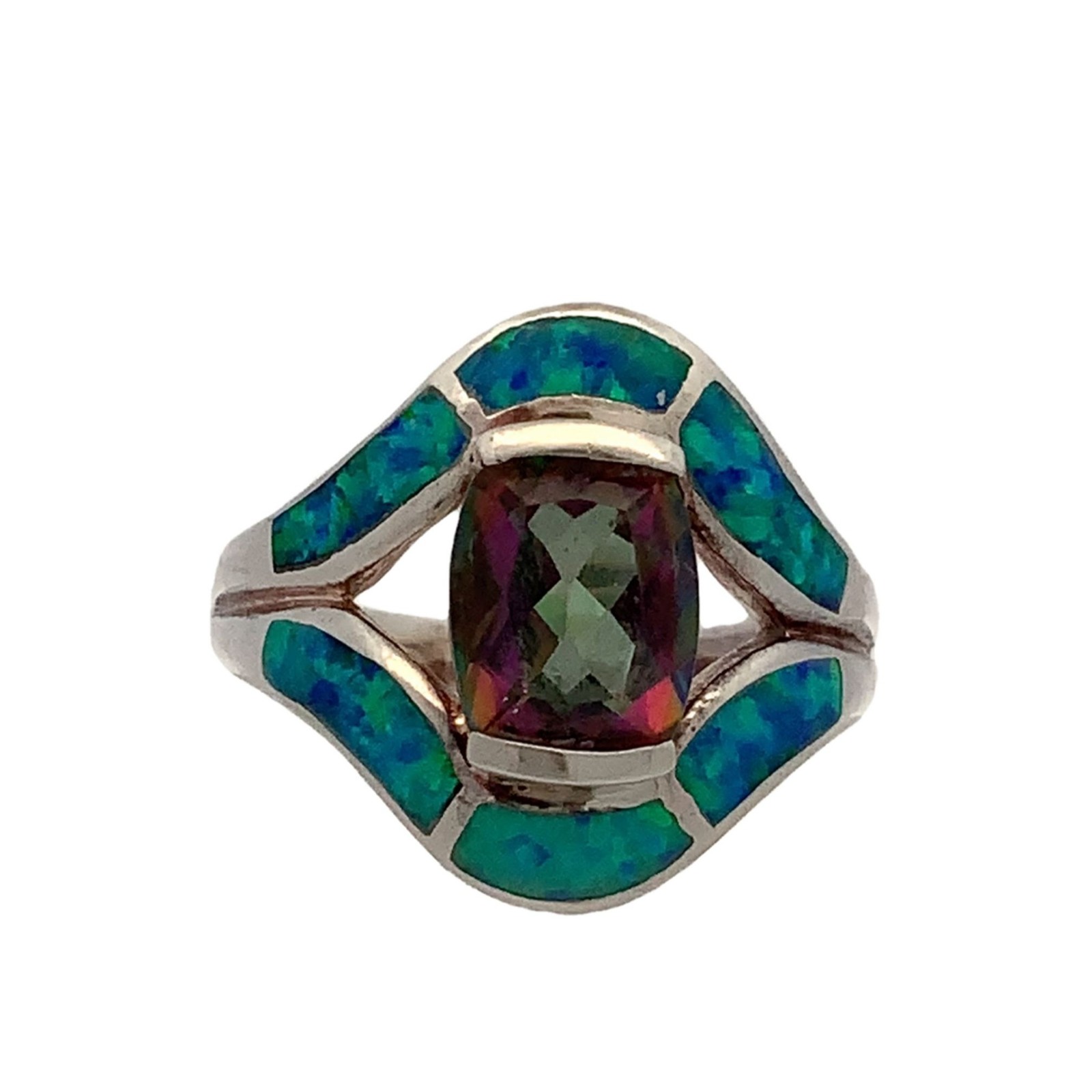 Mystic Topaz and Blue Fire Opal Inlay Vintage 925 Sterling Silver Ring sz 7 1/2