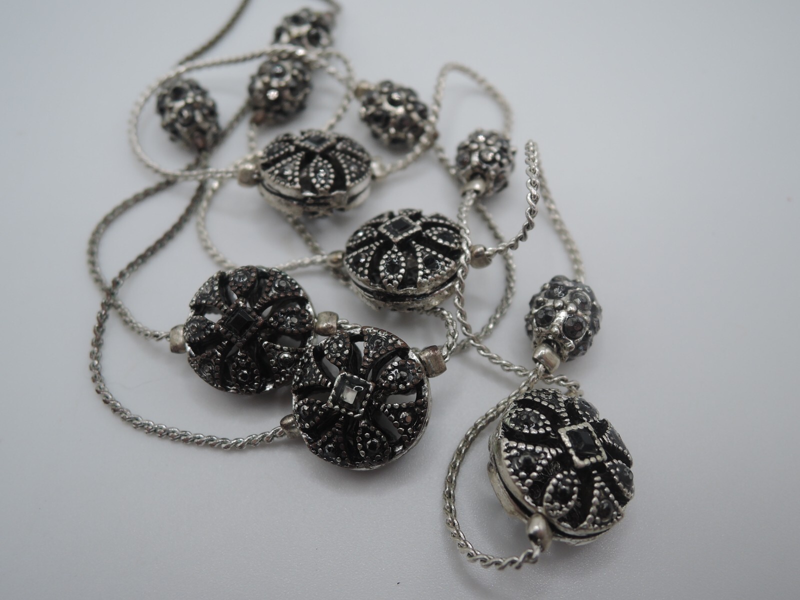 Trifari Silver Tone Necklace with Black Rhinestone Medallions, 1990s