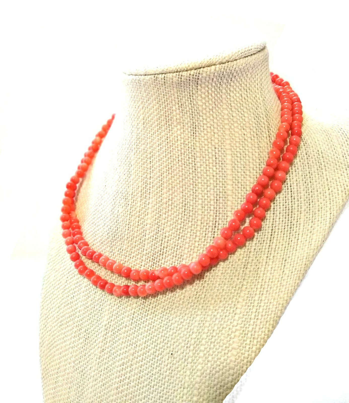 5mm Genuine Natural Pink Red Coral Beads Necklace in Silver Setting 78cm 29 gms
