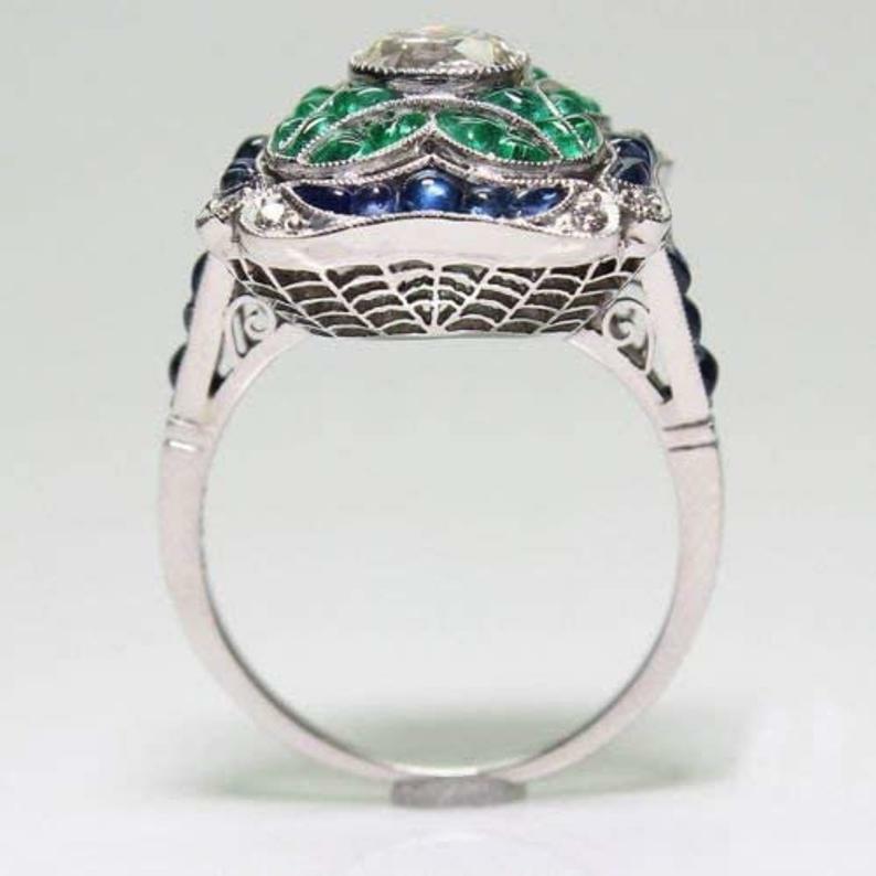 Art Deco 5.55 Ct White Round Cut Sapphire Emerald CZ Flower Wedding Ring In SS