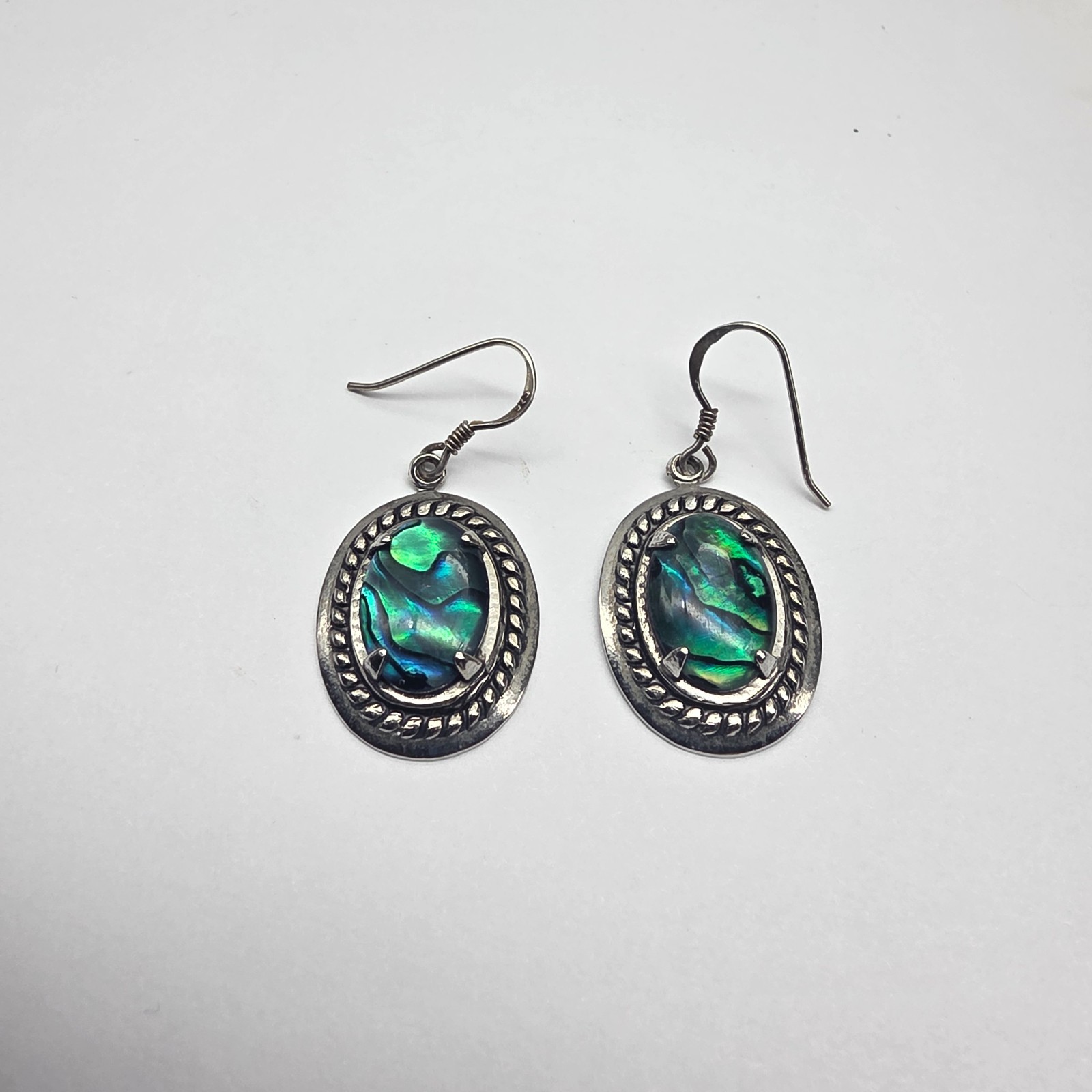 Paua Abalone Shell Sterling Silver Oval Dangle Pierced Earrings Vintage