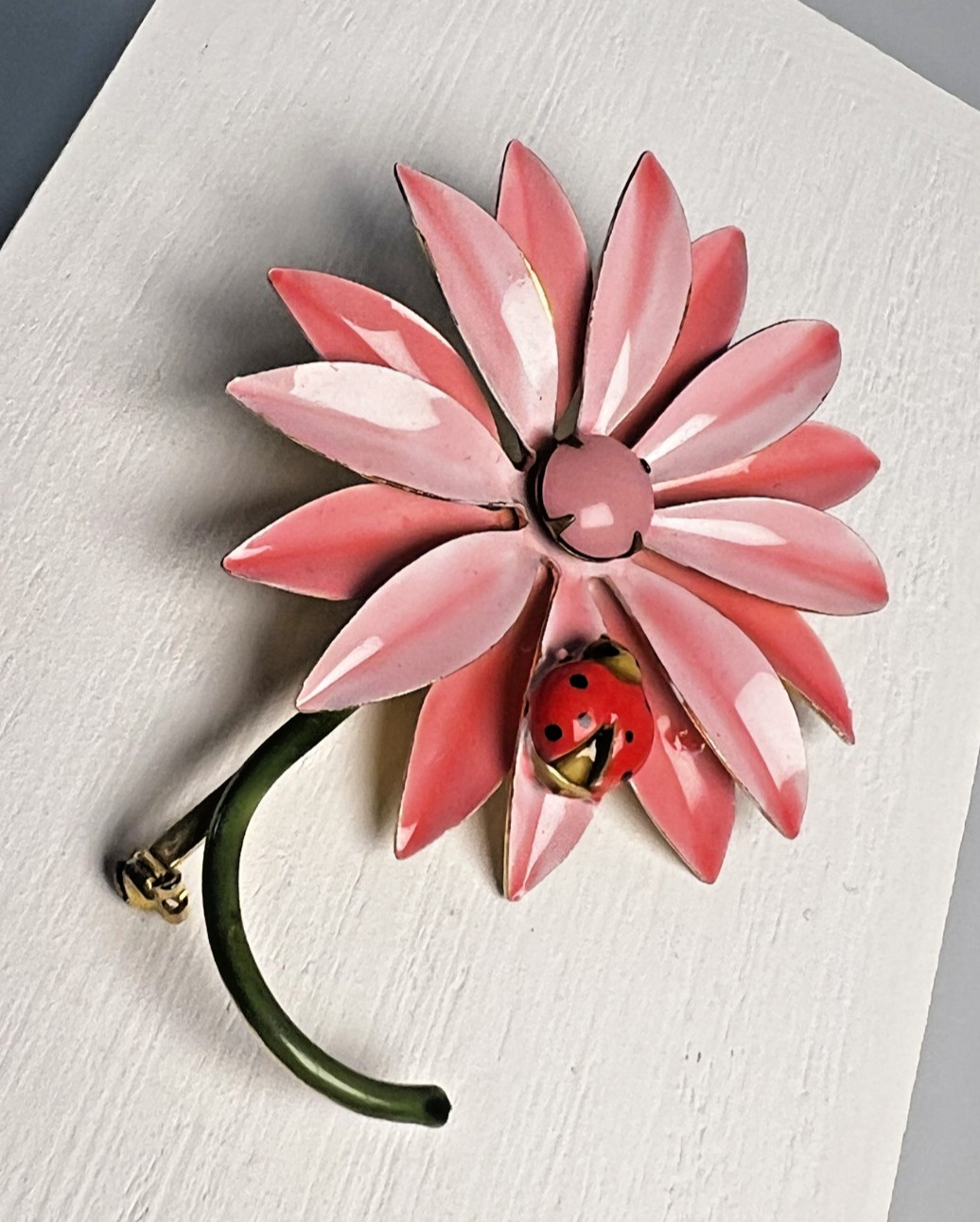 PRECIOUS Original By Robert Pink Daisy Enameled Metal Brooch with Ladybug