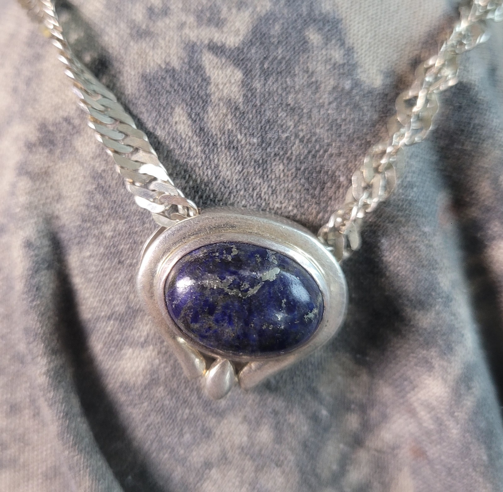 Vintage Sterling Silver Twist Miami Cuban Chain With Lapis Lazuli Pendant Blue