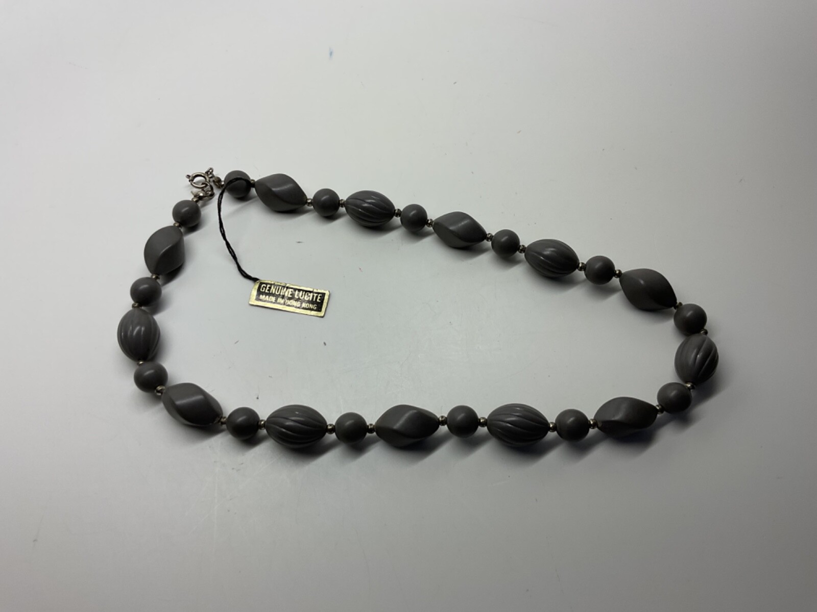 NWT! VTG GENUINE LUCITE GRAY BEAD NECKLACE MADE IN HONG KONG