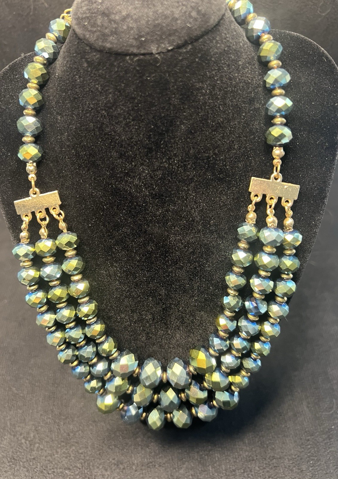 Vintage Emerald Green Blue AB Crystal Glass Necklace 3 Strand Graduated Faceted