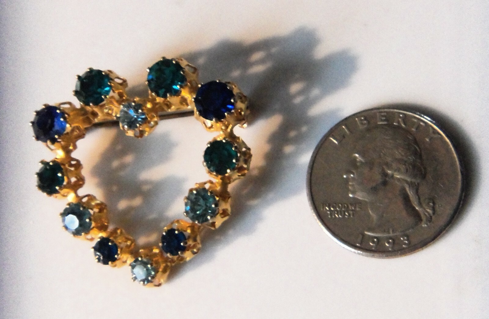Signed AUSTRIA Light/Dark/Teal Blue Crystal Rhinestone Heart Pin