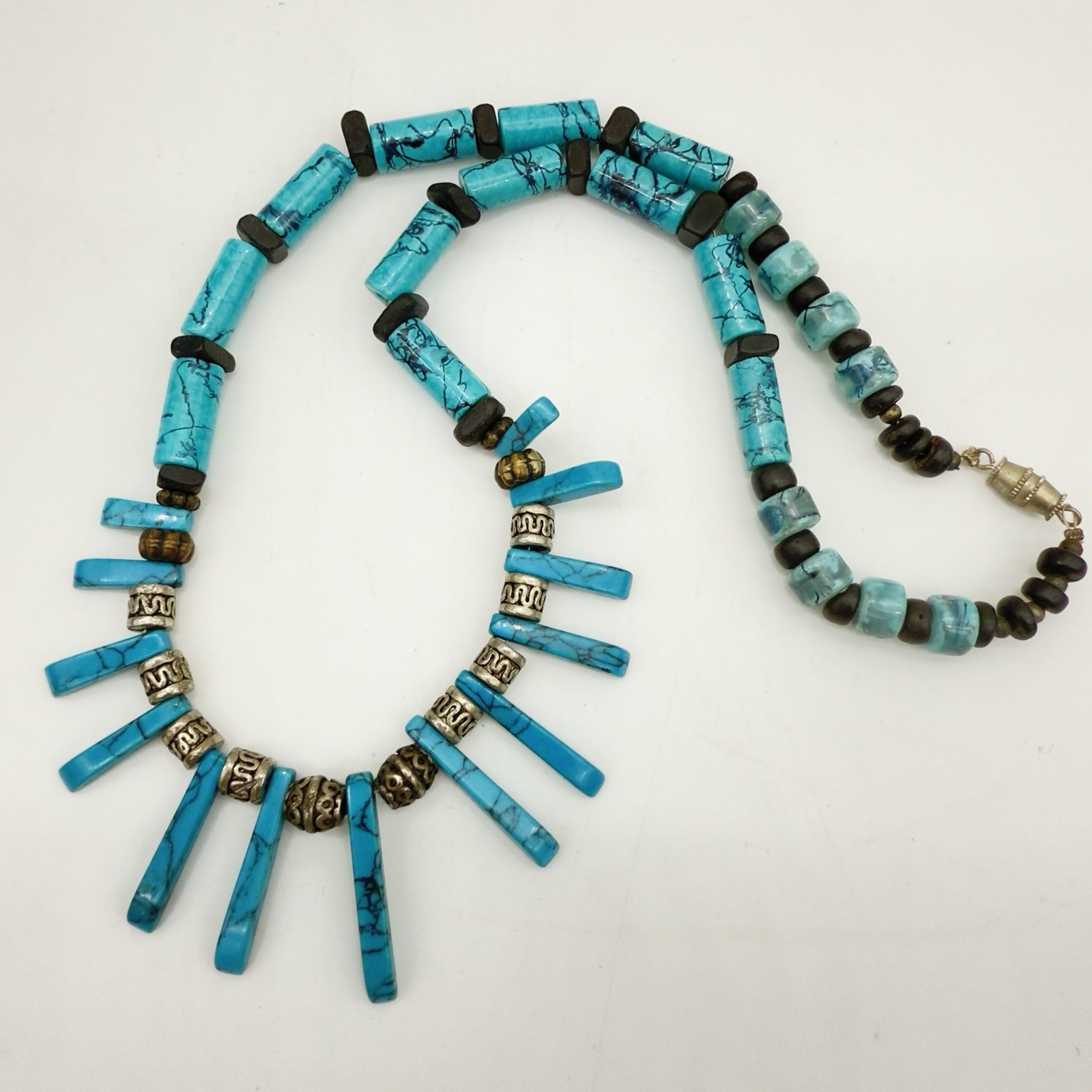 Vintage Southwestern Necklace Silver Tone Faux Turquoise Spike Slab Hippie Boho