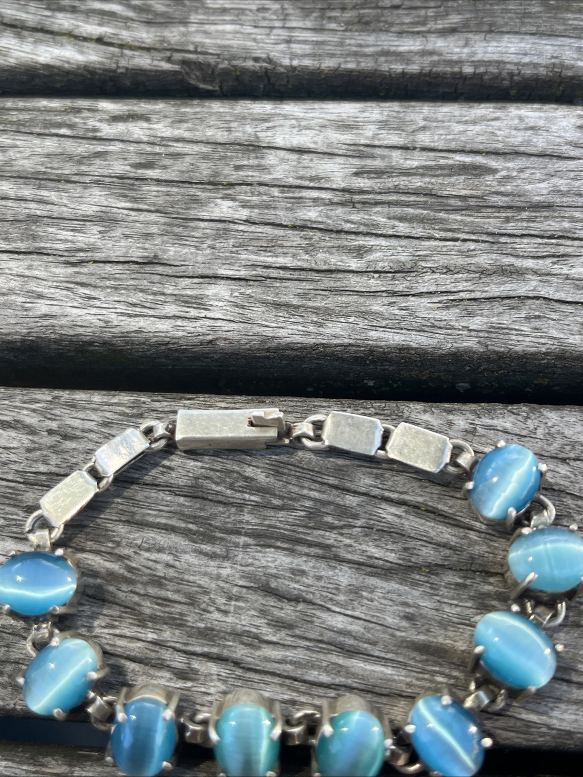 Vintage Blue Cats Eye Gem Stones Silver Bracelet Small